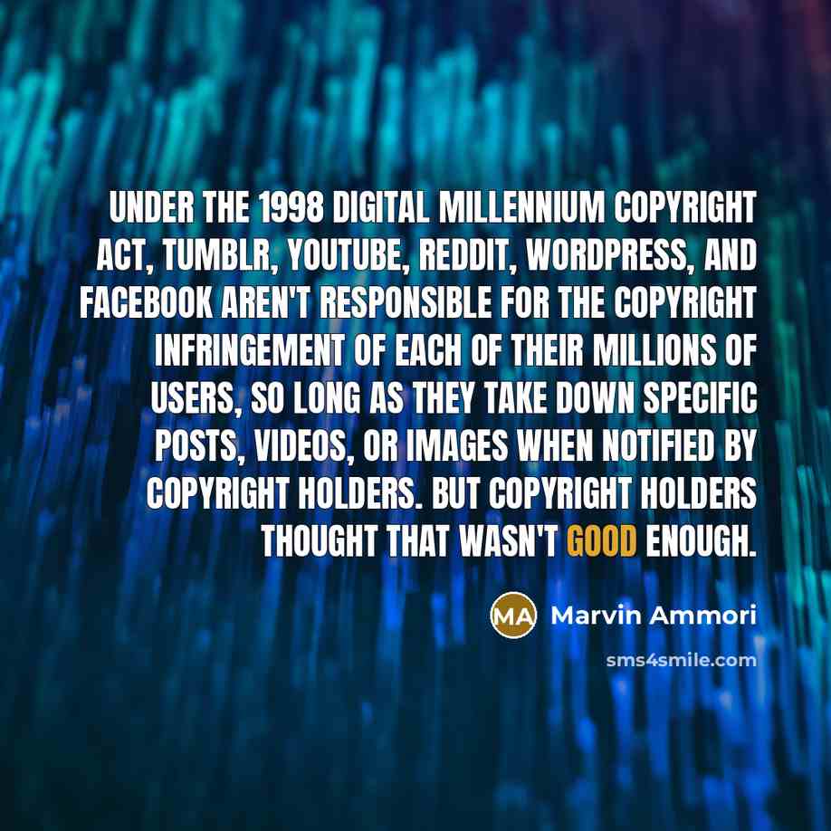 “Under the 1998 Digital Millennium Copyright Act, Tumblr, YouTube, Reddit,…” quote by Marvin Ammori