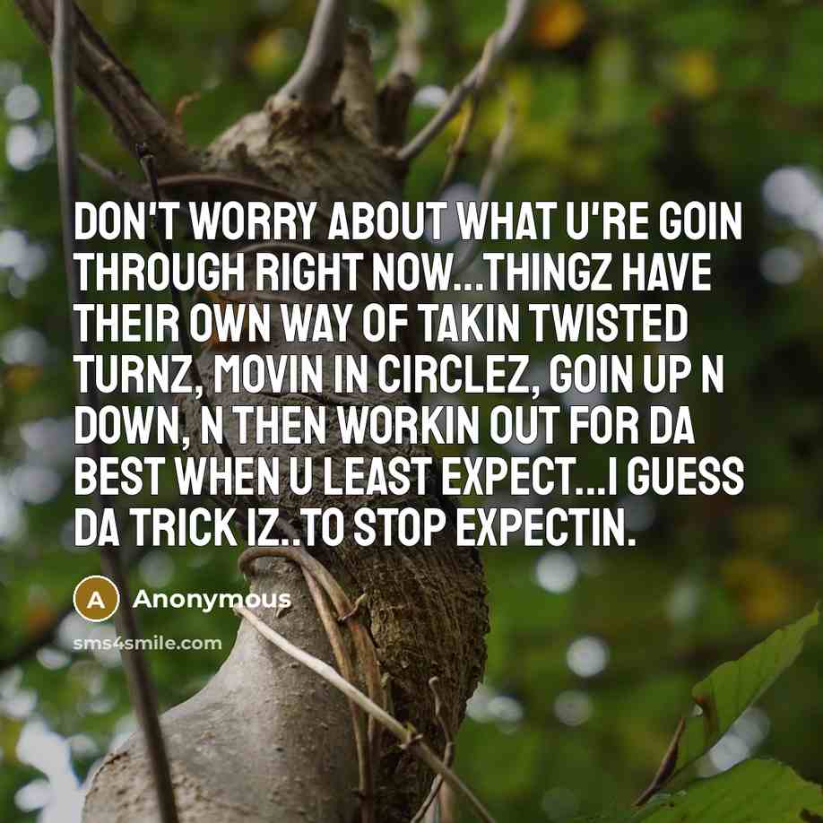 “Don't worry about what u're goin through right now...thingz have their own way of takin twisted turnz, movin in circlez, goin up n down, n then workin out for da best when u least expect...I guess da trick iz..to stop expectin.” quote by Anonymous