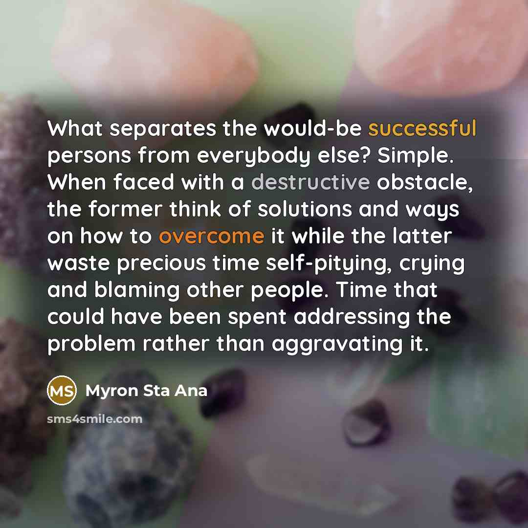 “What separates the would-be successful persons from everybody else? Simple. When faced with a destructive obstacle, the former think of solutions and ways on how to overcome it while the latter waste precious time self-pitying, crying and blaming other people. Time that could have been spent…” quote by Myron Sta Ana