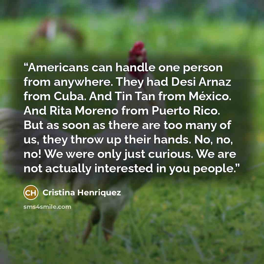 “Americans can handle one person from anywhere. They had Desi Arnaz from Cuba. And Tin Tan from México. And Rita Moreno from Puerto Rico. But as soon as there are too many of us, they throw up their hands. No, no, no! We were only just curious. We are not actually interested in you people.” quote by Cristina Henriquez