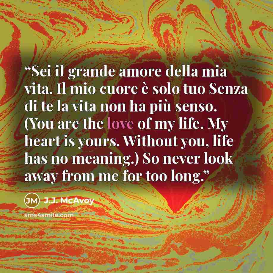 “Sei il grande amore della mia vita. Il mio cuore è solo tuo Senza di te la vita non ha più senso. (You are the love of my life. My heart is yours. Without you, life has no meaning.) So never look away from me for too long.” quote by J.J. McAvoy