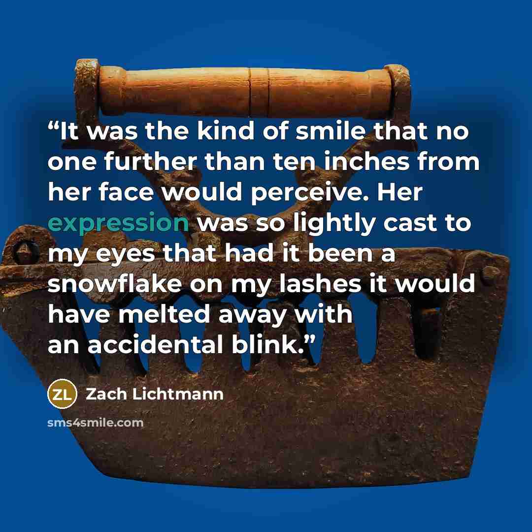 “It was the kind of smile that no one further than ten inches from her face would perceive. Her expression was so lightly cast to my eyes that had it been a snowflake on my lashes it would have melted away with an accidental blink.” quote by Zach Lichtmann