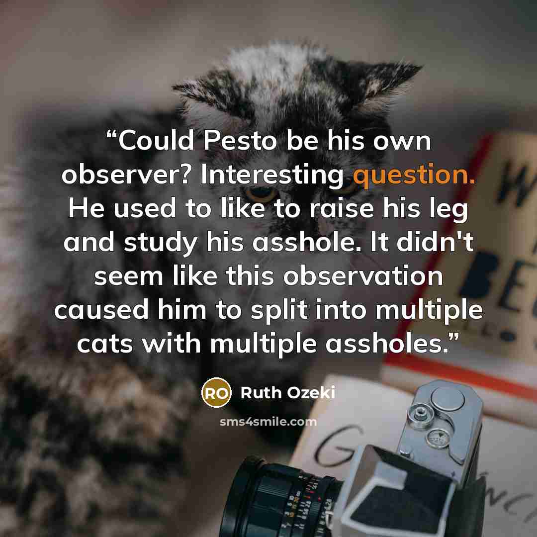 “Could Pesto be his own observer? Interesting question. He used to like to raise his leg and study his asshole. It didn't seem like this observation caused him to split into multiple cats with multiple assholes.” quote by Ruth Ozeki