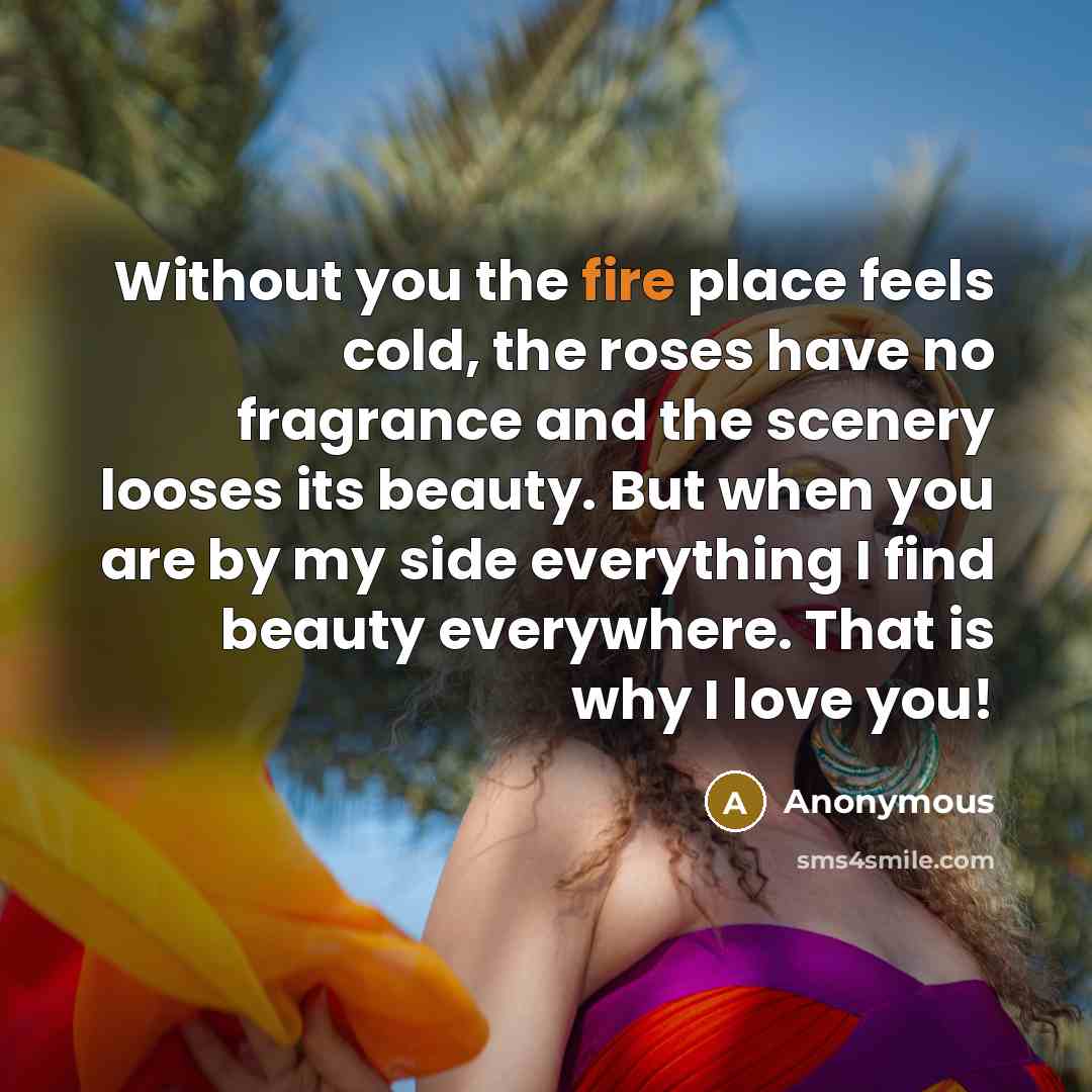“Without you the fire place feels cold, the roses have…” quote by Anonymous