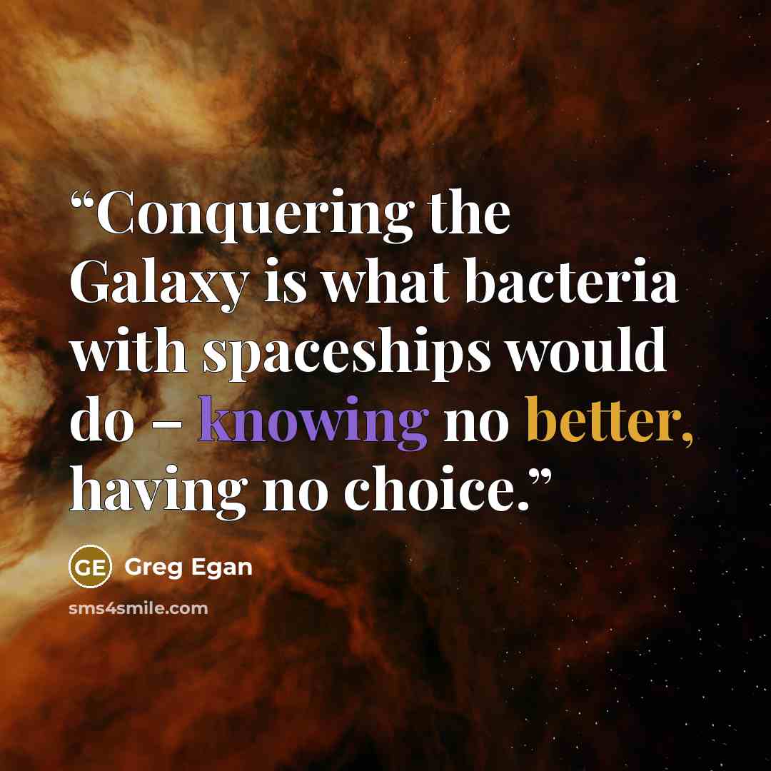 “Conquering the Galaxy is what bacteria with spaceships would do – knowing no better, having no choice.” quote by Greg Egan