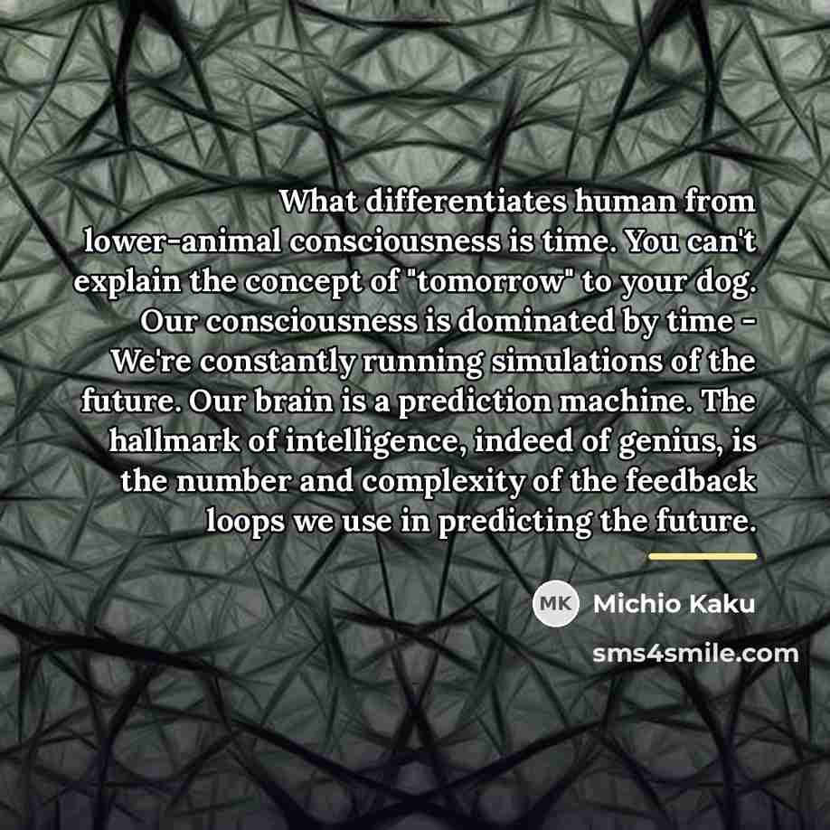 “What differentiates human from lower-animal consciousness is time. You can't…” quote by Michio Kaku