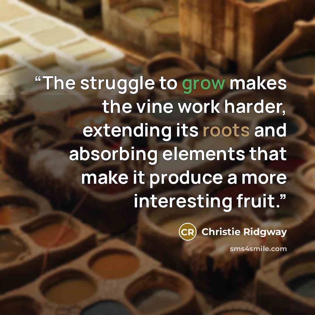 “The struggle to grow makes the vine work harder, extending its roots and absorbing elements that make it produce a more interesting fruit.” quote by Christie Ridgway