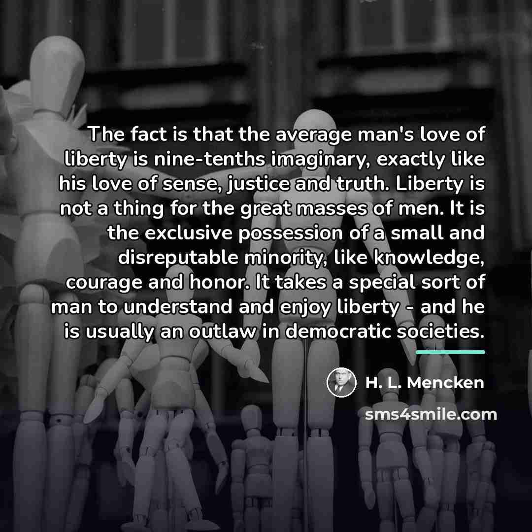 “The fact is that the average man's love of liberty…” quote by H. L. Mencken