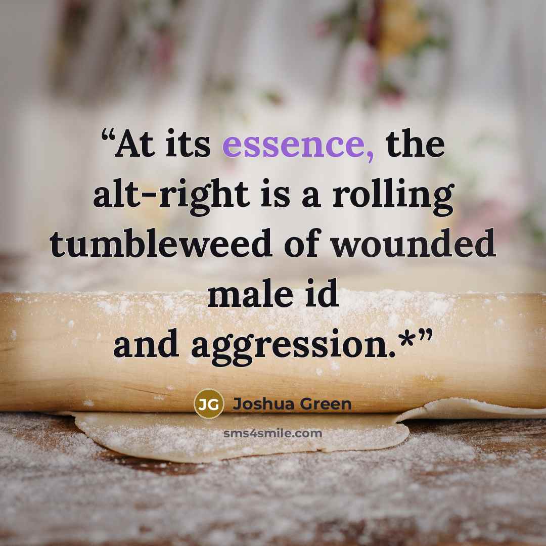 “At its essence, the alt-right is a rolling tumbleweed of wounded male id and aggression.*” quote by Joshua Green