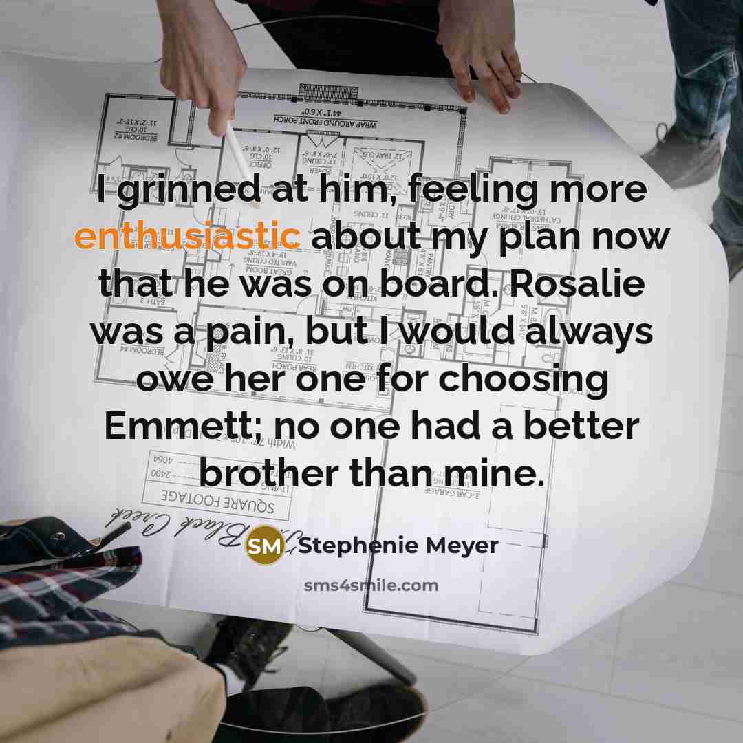 “I grinned at him, feeling more enthusiastic about my plan…” quote by Stephenie Meyer