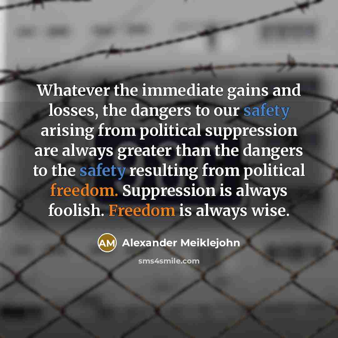 “Whatever the immediate gains and losses, the dangers to our…” quote by Alexander Meiklejohn
