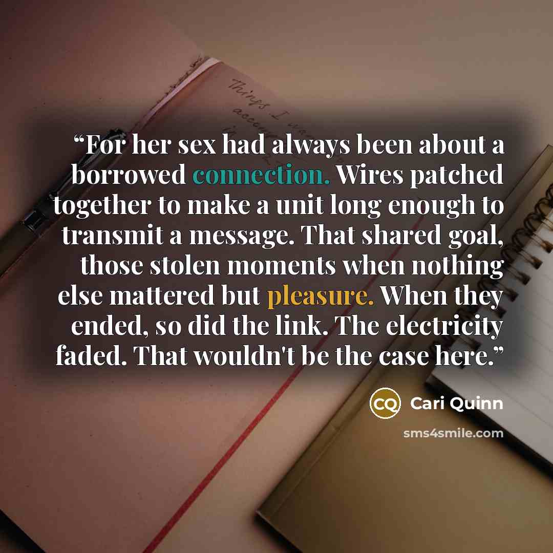 “For her sex had always been about a borrowed connection. Wires patched together to make a unit long enough to transmit a message. That shared goal, those stolen moments when nothing else mattered but pleasure. When they ended, so did the link. The electricity faded. That wouldn't be the case here.” quote by Cari Quinn
