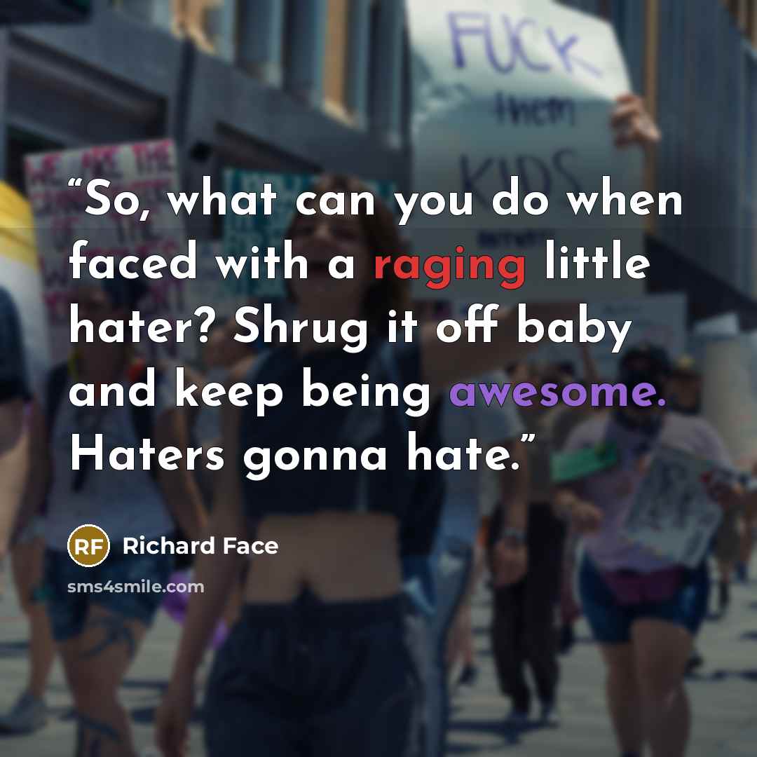 “So, what can you do when faced with a raging little hater? Shrug it off baby and keep being awesome. Haters gonna hate.” quote by Richard Face