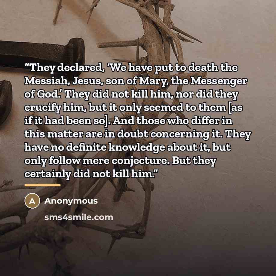 “They declared, ‘We have put to death the Messiah, Jesus, son of Mary, the Messenger of God.’ They did not kill him, nor did they crucify him, but it only seemed to them [as if it had been so]. And those who differ in this matter are in doubt concerning it. They have no definite knowledge about it…” quote by Anonymous