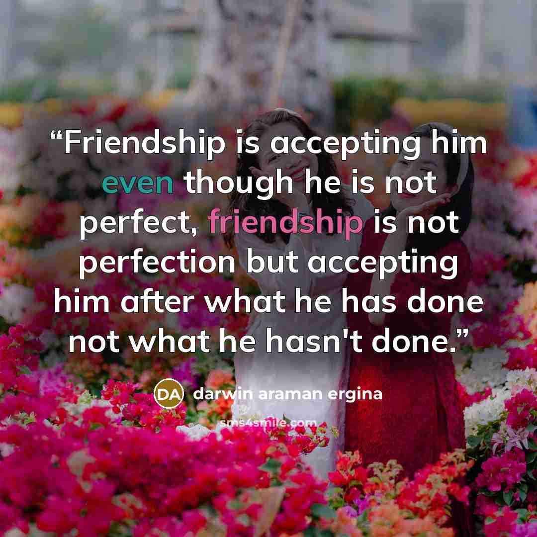 “Friendship is accepting him even though he is not perfect, friendship is not perfection but accepting him after what he has done not what he hasn't done.” quote by darwin araman ergina