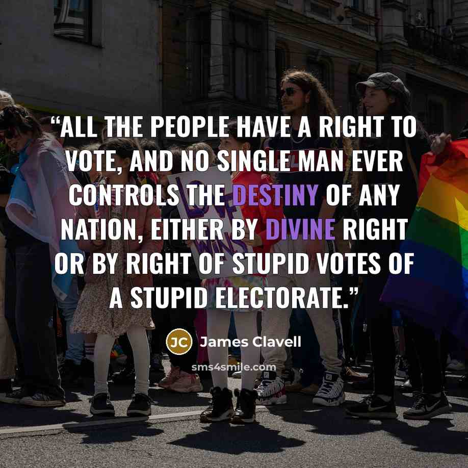 “all the people have a right to vote, and no single man ever controls the destiny of any nation, either by divine right or by right of stupid votes of a stupid electorate.” quote by James Clavell