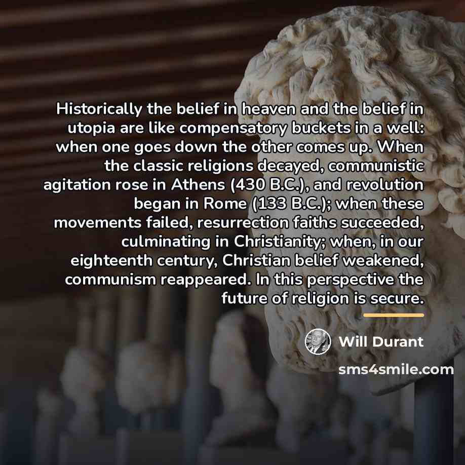 “Historically the belief in heaven and the belief in utopia…” quote by Will Durant