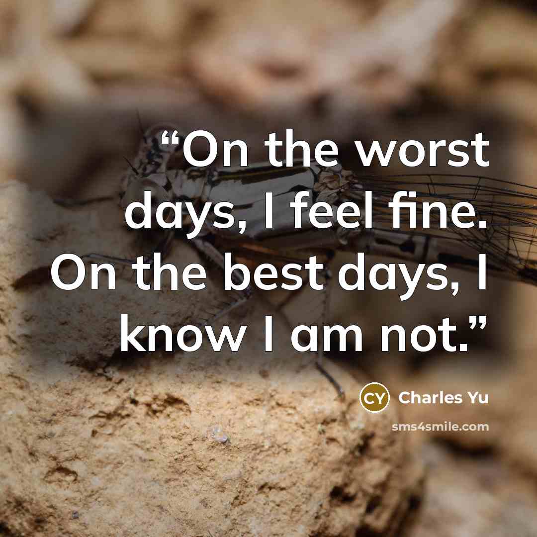 “On the worst days, I feel fine. On the best days, I know I am not.” quote by Charles Yu