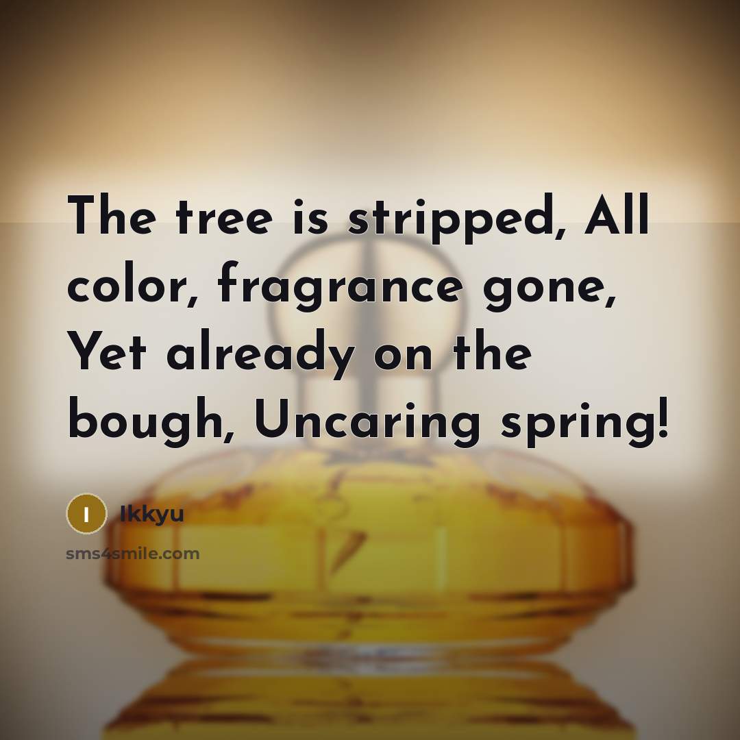 “The tree is stripped, All color, fragrance gone, Yet already…” quote by Ikkyu