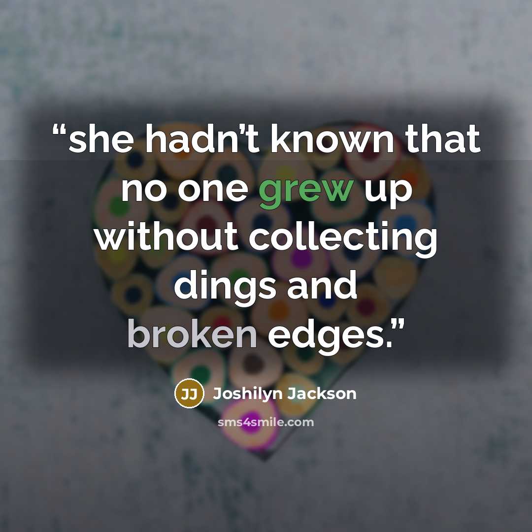 “she hadn’t known that no one grew up without collecting dings and broken edges.” quote by Joshilyn Jackson