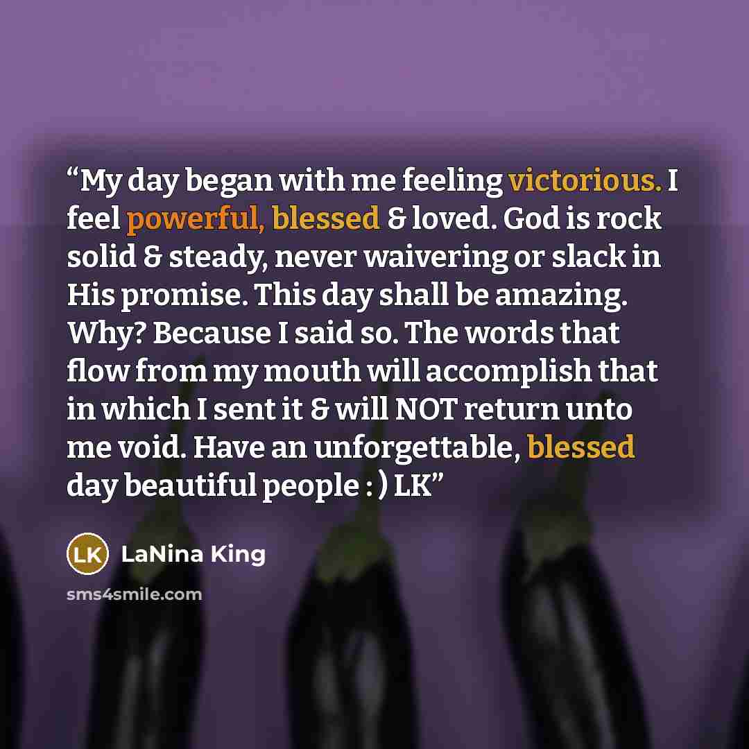 “My day began with me feeling victorious. I feel powerful, blessed & loved. God is rock solid & steady, never waivering or slack in His promise. This day shall be amazing. Why? Because I said so. The words that flow from my mouth will accomplish that in which I sent it & will NOT return unto me…” quote by LaNina King