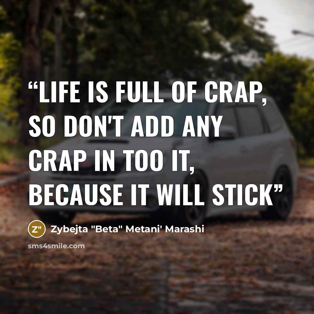 “Life is full of crap, so don't add any crap in too it, because it will stick” quote by Zybejta "Beta" Metani' Marashi