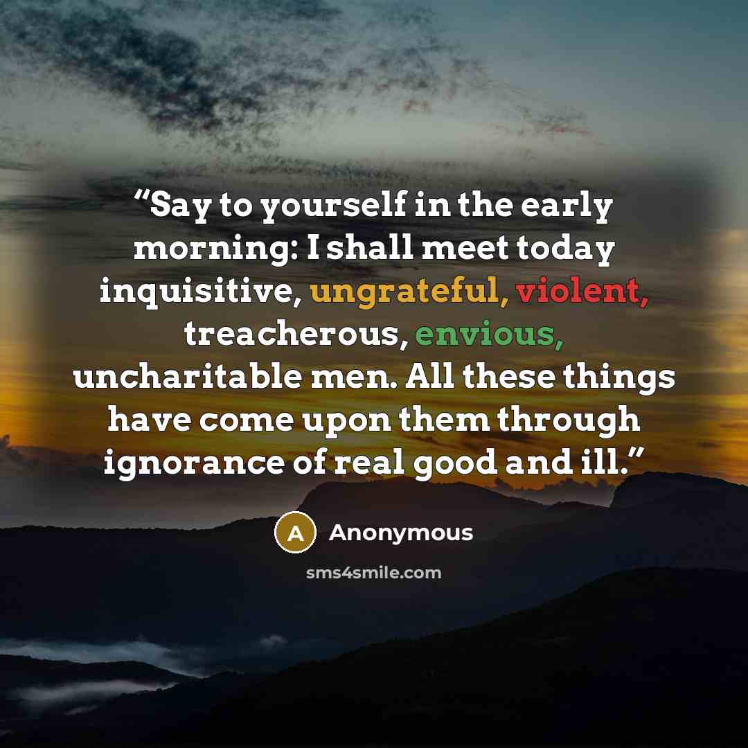 “Say to yourself in the early morning: I shall meet today inquisitive, ungrateful, violent, treacherous, envious, uncharitable men. All these things have come upon them through ignorance of real good and ill.” quote by Anonymous