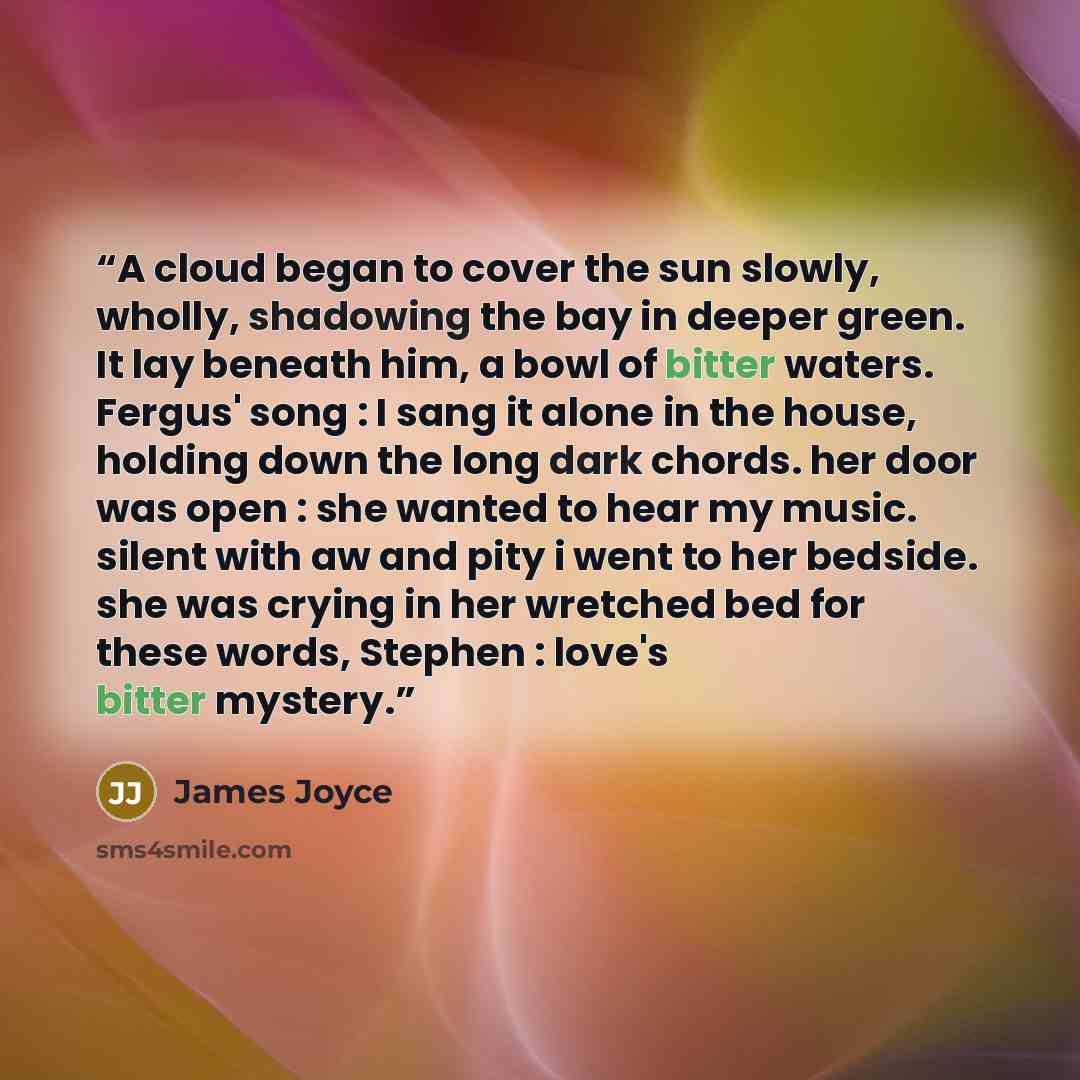 “A cloud began to cover the sun slowly, wholly, shadowing the bay in deeper green. It lay beneath him, a bowl of bitter waters. Fergus' song : I sang it alone in the house, holding down the long dark chords. her door was open : she wanted to hear my music. silent with aw and pity i went to her…” quote by James Joyce