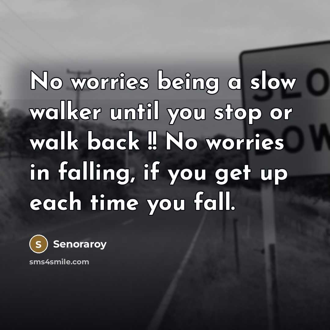 “No worries being a slow walker until you stop or…” quote by Senoraroy