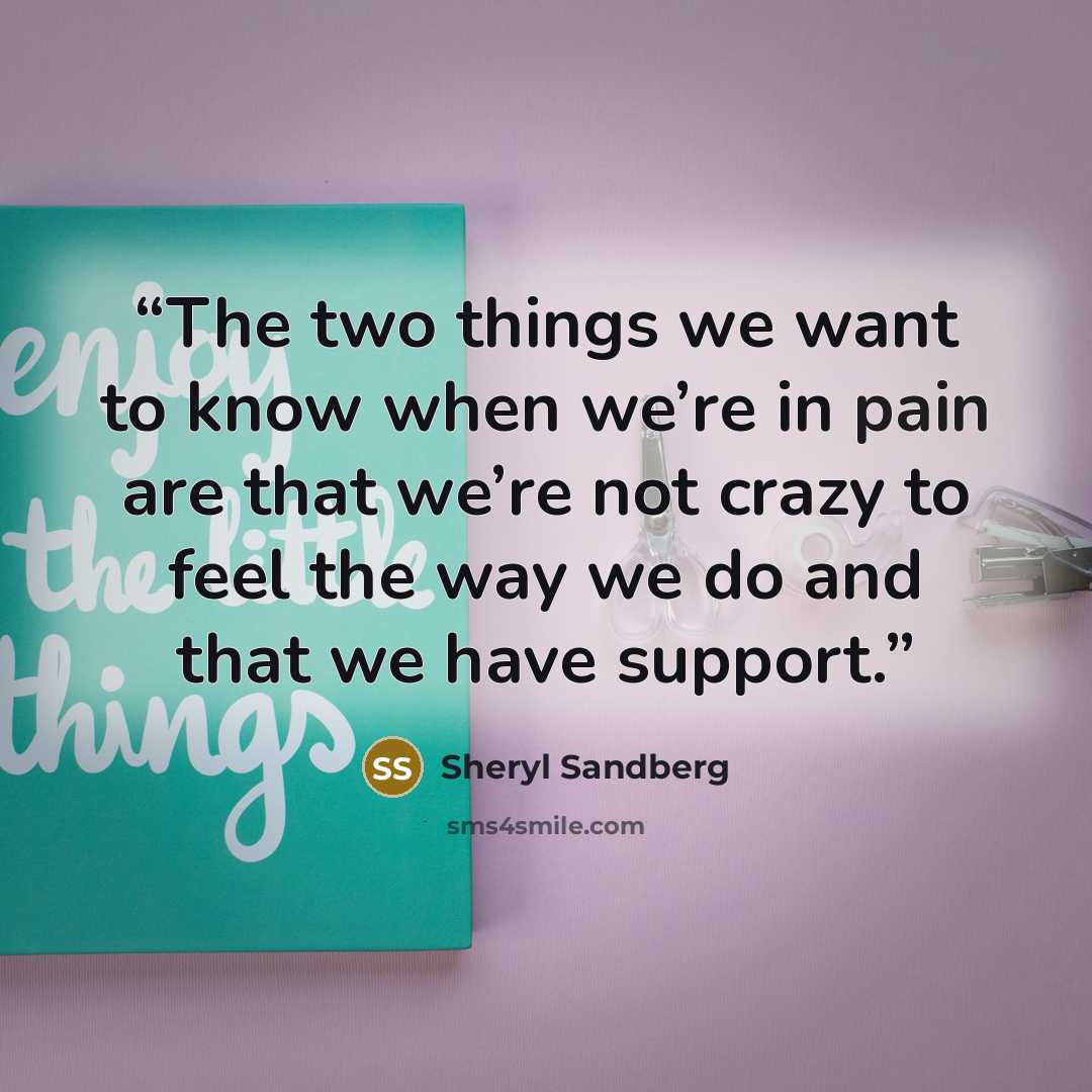“The two things we want to know when we’re in pain are that we’re not crazy to feel the way we do and that we have support.” quote by Sheryl Sandberg