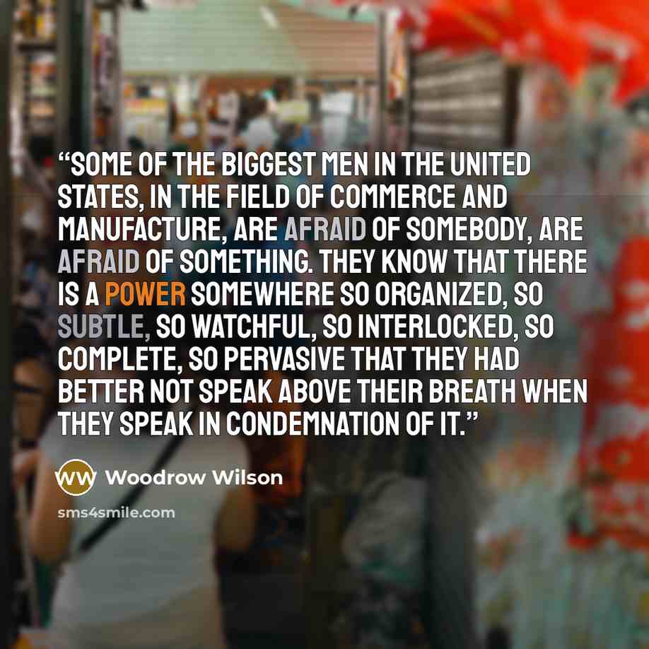 “Some of the biggest men in the United States, in the field of commerce and manufacture, are afraid of somebody, are afraid of something. They know that there is a power somewhere so organized, so subtle, so watchful, so interlocked, so complete, so pervasive that they had better not speak above…” quote by Woodrow Wilson