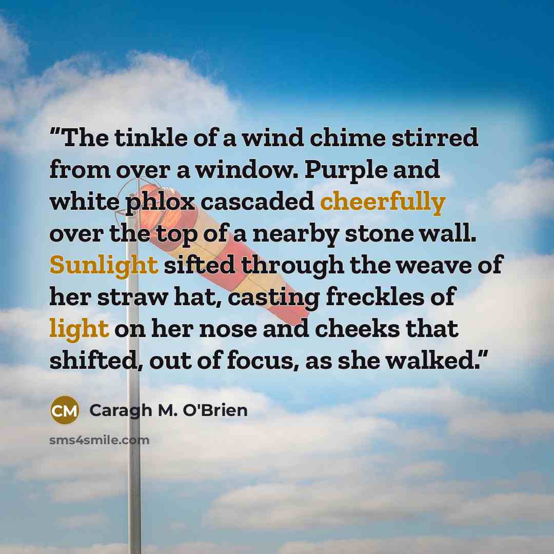 “The tinkle of a wind chime stirred from over a window. Purple and white phlox cascaded cheerfully over the top of a nearby stone wall. Sunlight sifted through the weave of her straw hat, casting freckles of light on her nose and cheeks that shifted, out of focus, as she walked.” quote by Caragh M. O'Brien
