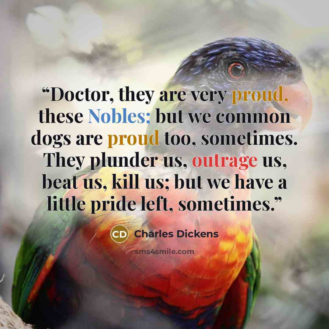 “Doctor, they are very proud, these Nobles; but we common dogs are proud too, sometimes. They plunder us, outrage us, beat us, kill us; but we have a little pride left, sometimes.” quote by Charles Dickens