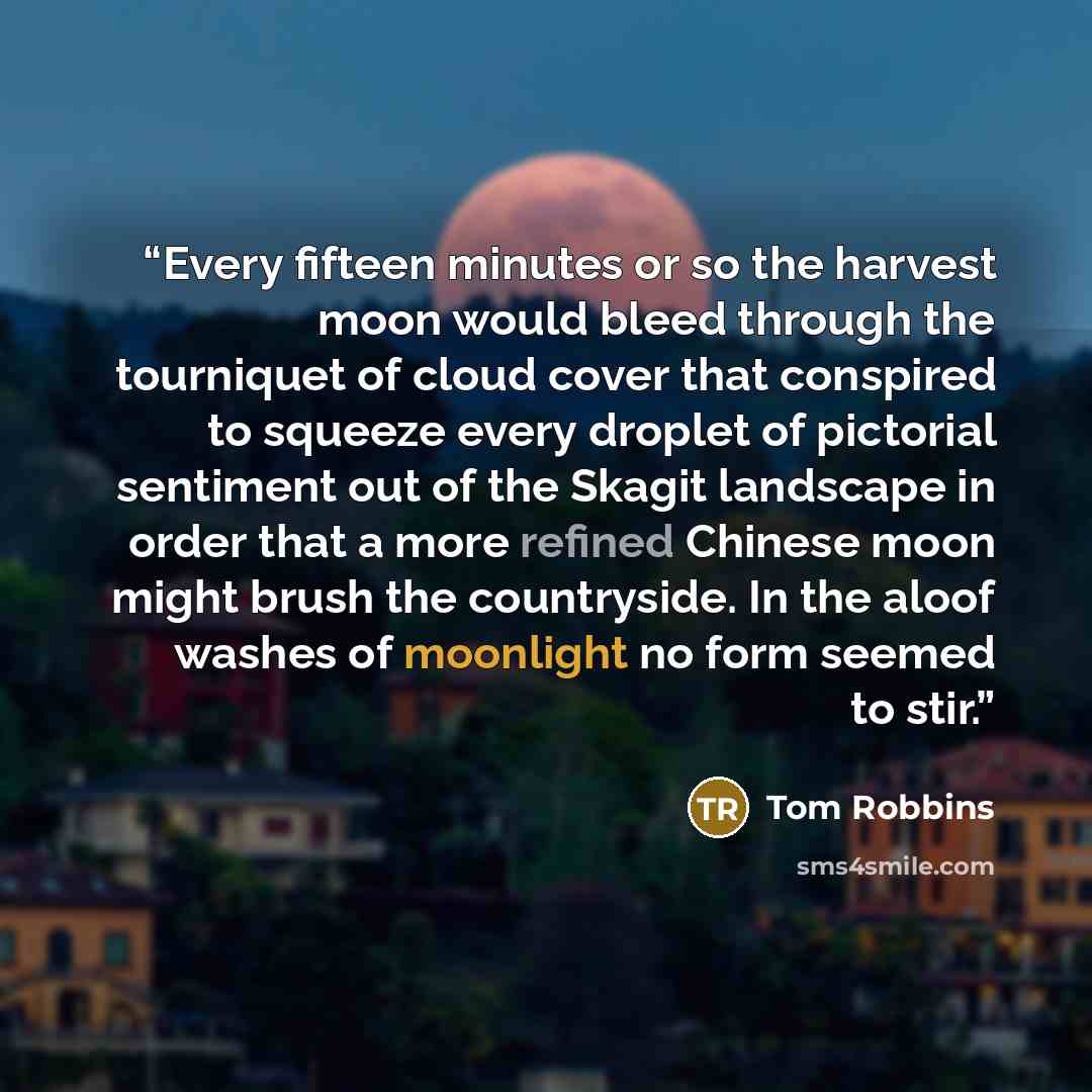 “Every fifteen minutes or so the harvest moon would bleed through the tourniquet of cloud cover that conspired to squeeze every droplet of pictorial sentiment out of the Skagit landscape in order that a more refined Chinese moon might brush the countryside. In the aloof washes of moonlight no form…” quote by Tom Robbins
