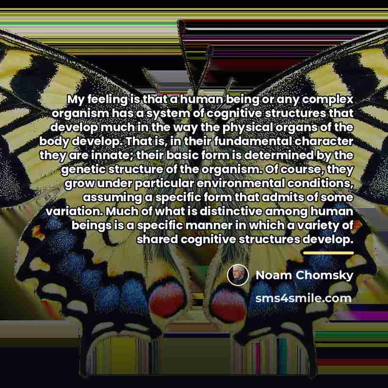 “My feeling is that a human being or any complex…” quote by Noam Chomsky