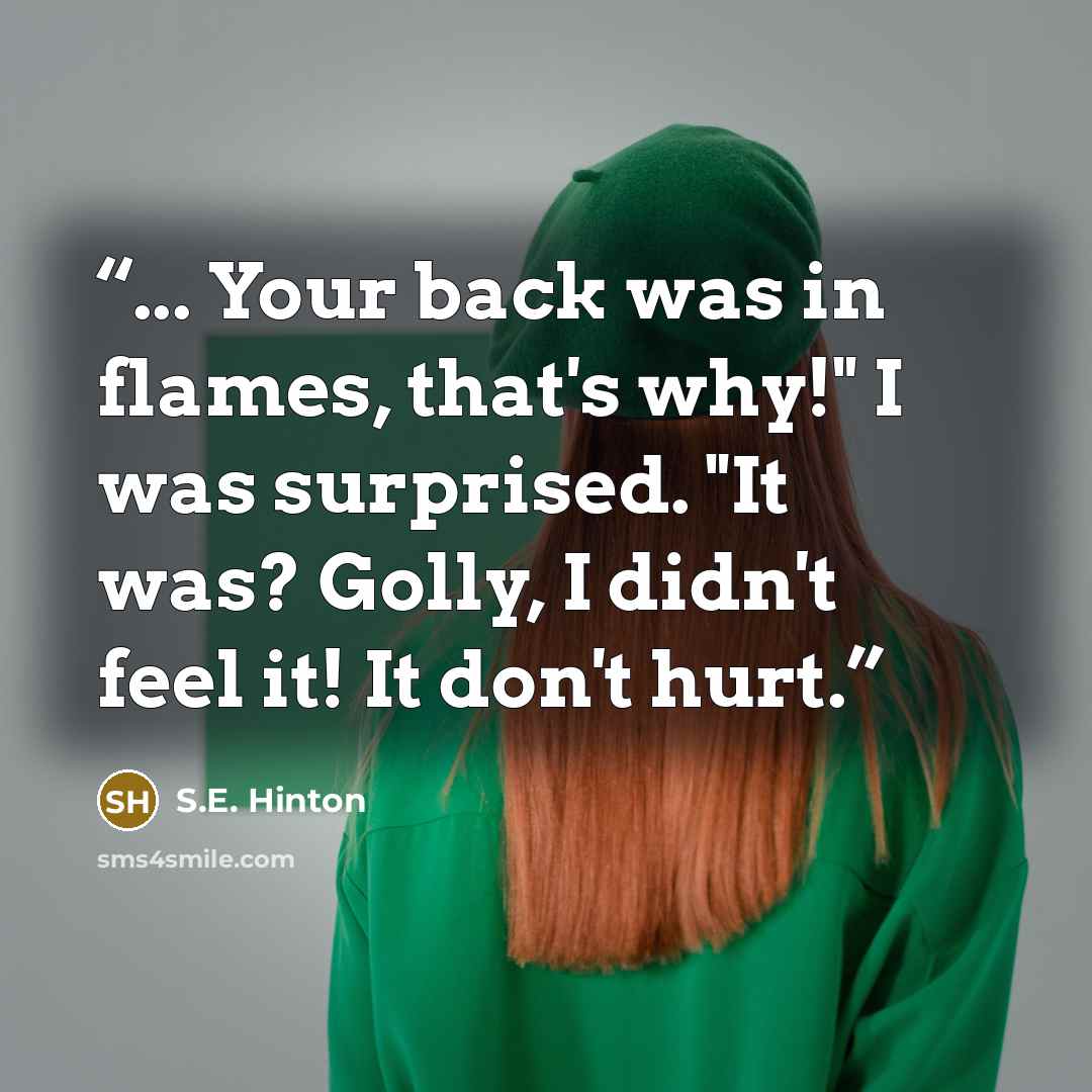 “... Your back was in flames, that's why!" I was surprised. "It was? Golly, I didn't feel it! It don't hurt.” quote by S.E. Hinton