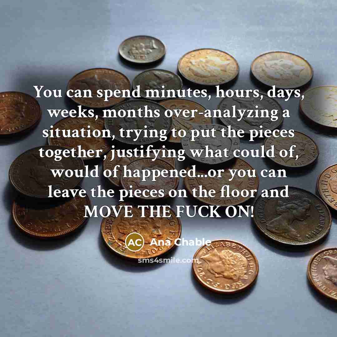 “You can spend minutes, hours, days, weeks, months over-analyzing a situation, trying to put the pieces together, justifying what could of, would of happened...or you can leave the pieces on the floor and MOVE THE FUCK ON!” quote by Ana Chable