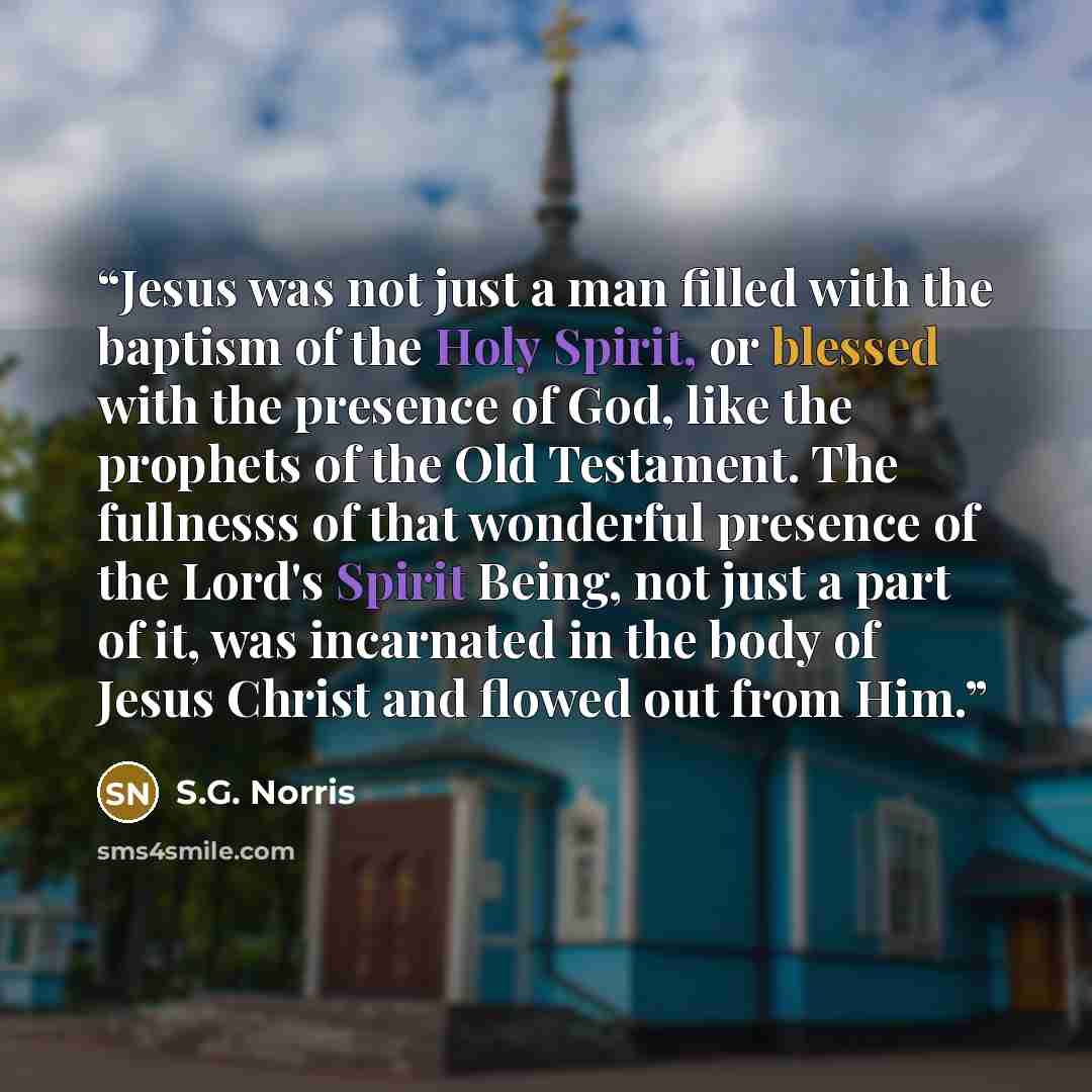 “Jesus was not just a man filled with the baptism of the Holy Spirit, or blessed with the presence of God, like the prophets of the Old Testament. The fullnesss of that wonderful presence of the Lord's Spirit Being, not just a part of it, was incarnated in the body of Jesus Christ and flowed out…” quote by S.G. Norris
