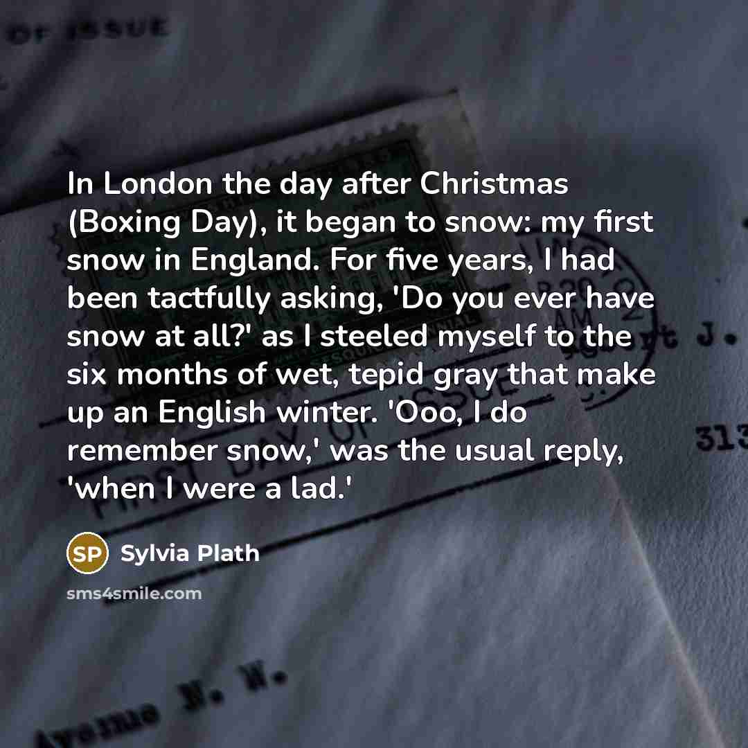 “In London the day after Christmas (Boxing Day), it began…” quote by Sylvia Plath