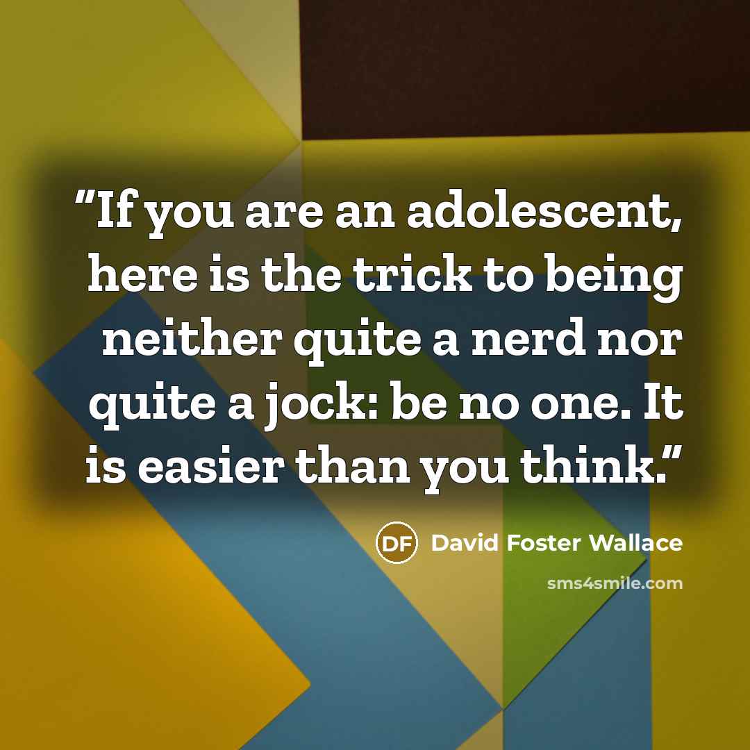 “If you are an adolescent, here is the trick to being neither quite a nerd nor quite a jock: be no one. It is easier than you think.” quote by David Foster Wallace