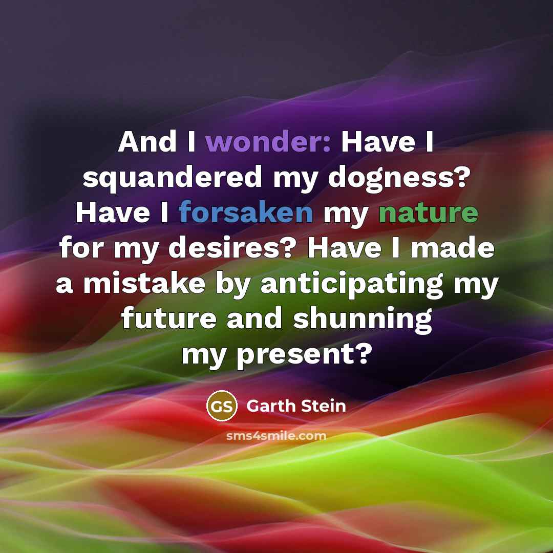 “And I wonder: Have I squandered my dogness? Have I…” quote by Garth Stein