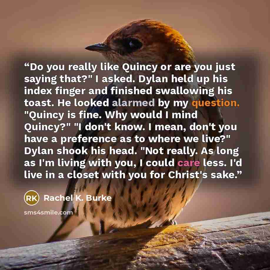 “Do you really like Quincy or are you just saying that?" I asked. Dylan held up his index finger and finished swallowing his toast. He looked alarmed by my question. "Quincy is fine. Why would I mind Quincy?" "I don't know. I mean, don't you have a preference as to where we live?" Dylan shook his…” quote by Rachel K. Burke