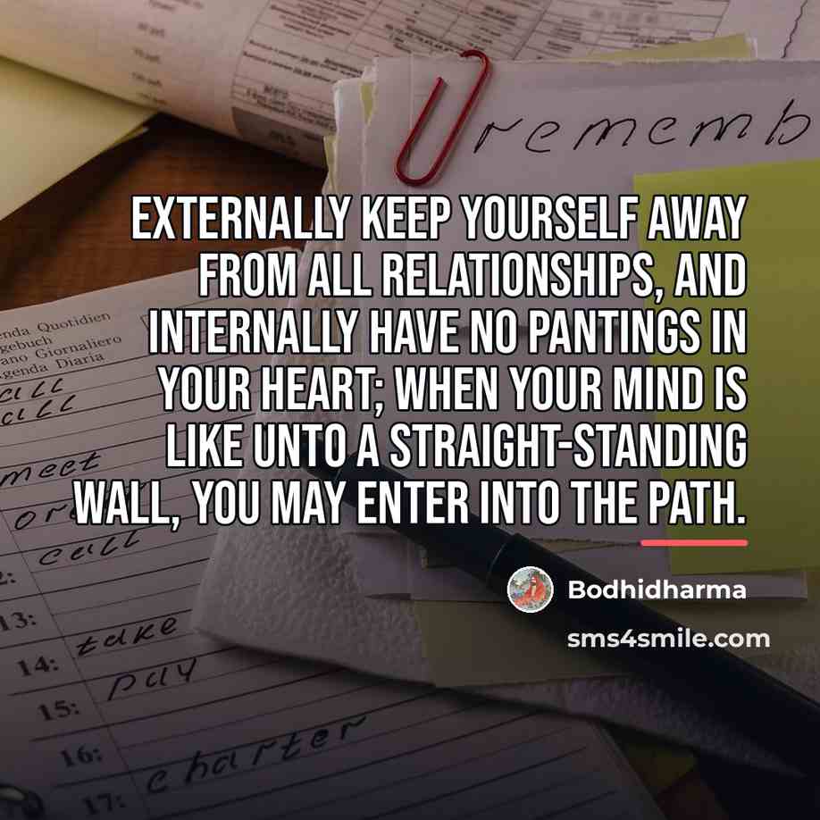 “Externally keep yourself away from all relationships, and internally have…” quote by Bodhidharma
