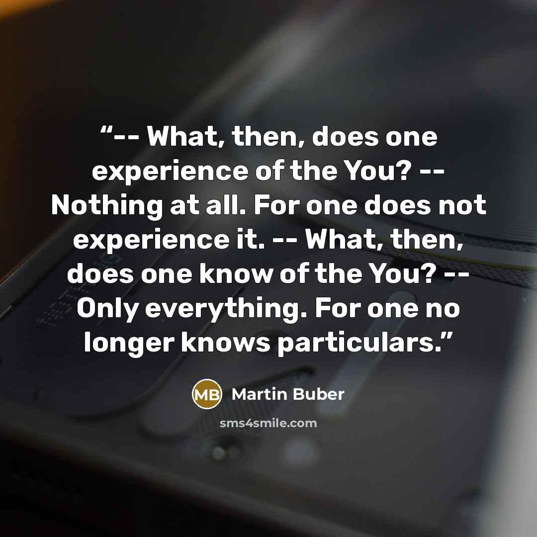 “-- What, then, does one experience of the You? -- Nothing at all. For one does not experience it. -- What, then, does one know of the You? -- Only everything. For one no longer knows particulars.” quote by Martin Buber