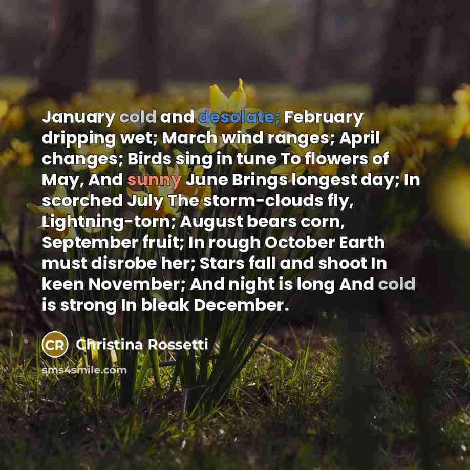 “January cold and desolate; February dripping wet; March wind ranges;…” quote by Christina Rossetti