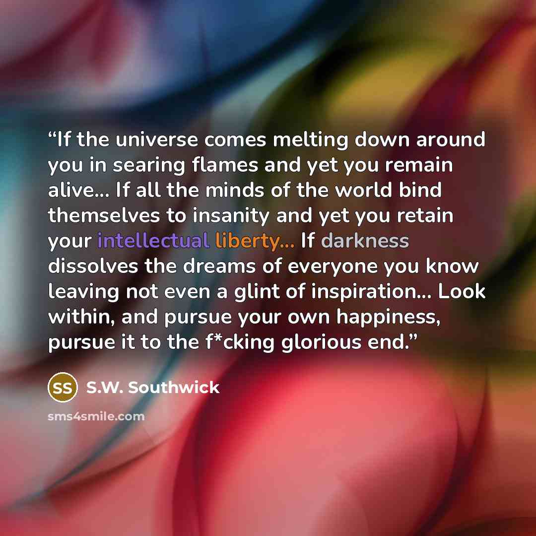 “If the universe comes melting down around you in searing flames and yet you remain alive... If all the minds of the world bind themselves to insanity and yet you retain your intellectual liberty... If darkness dissolves the dreams of everyone you know leaving not even a glint of inspiration…” quote by S.W. Southwick