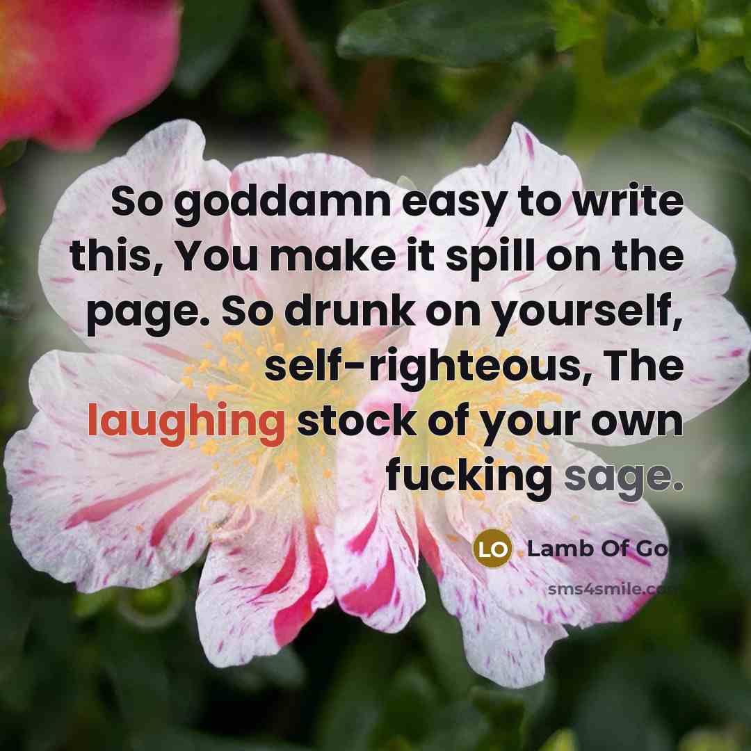 “So goddamn easy to write this, You make it spill on the page. So drunk on yourself, self-righteous, The laughing stock of your own fucking sage.” quote by Lamb Of God