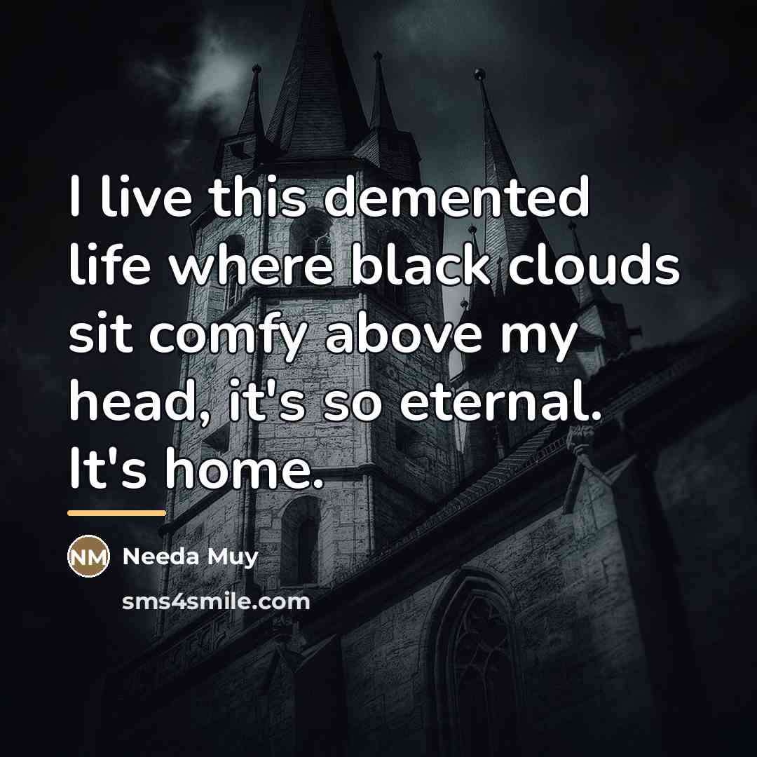 “I live this demented life where black clouds sit comfy…” quote by Needa Muy