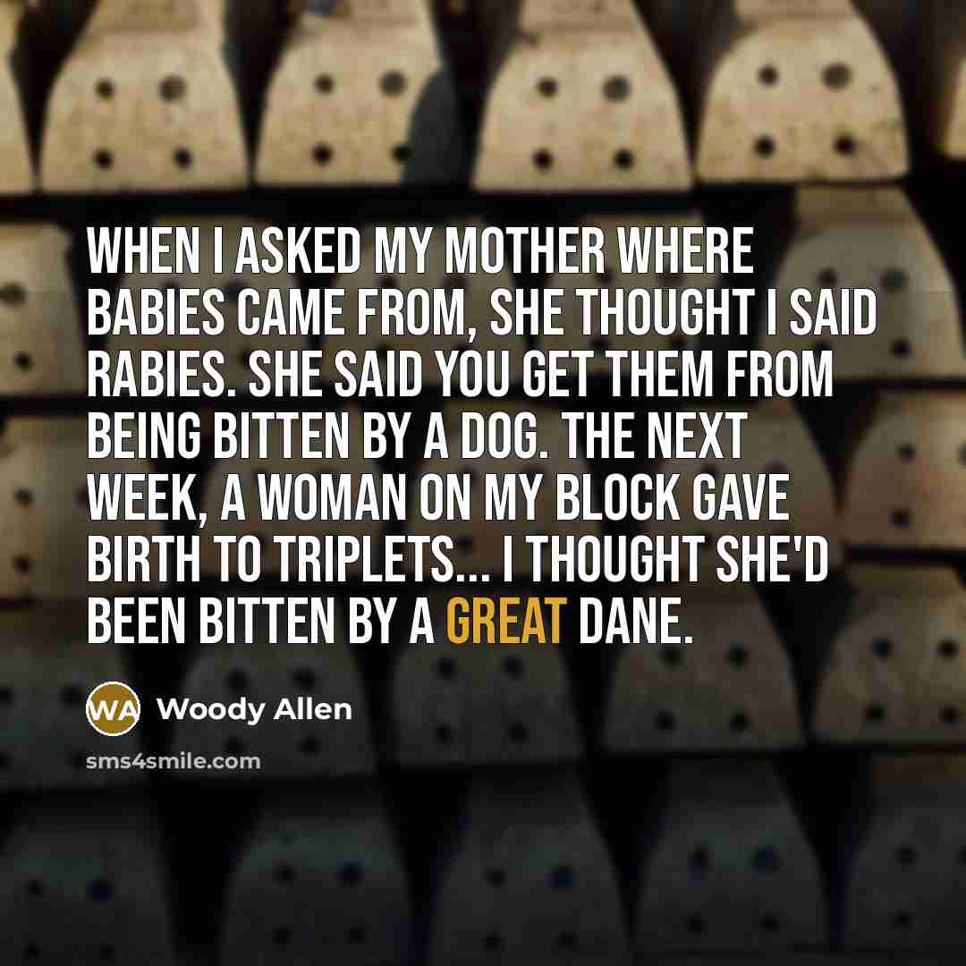 “When I asked my mother where babies came from, she…” quote by Woody Allen