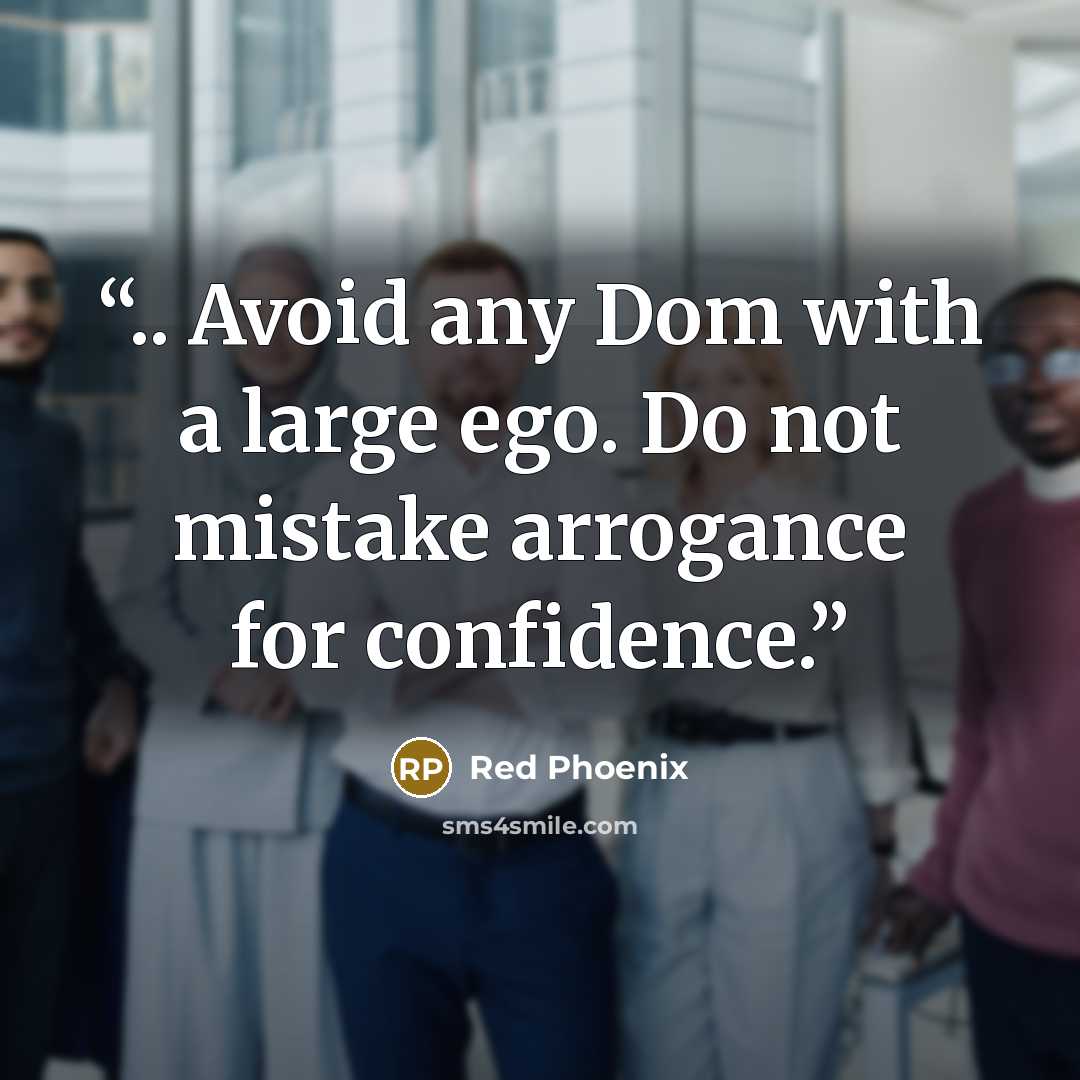 “.. Avoid any Dom with a large ego. Do not mistake arrogance for confidence.” quote by Red Phoenix
